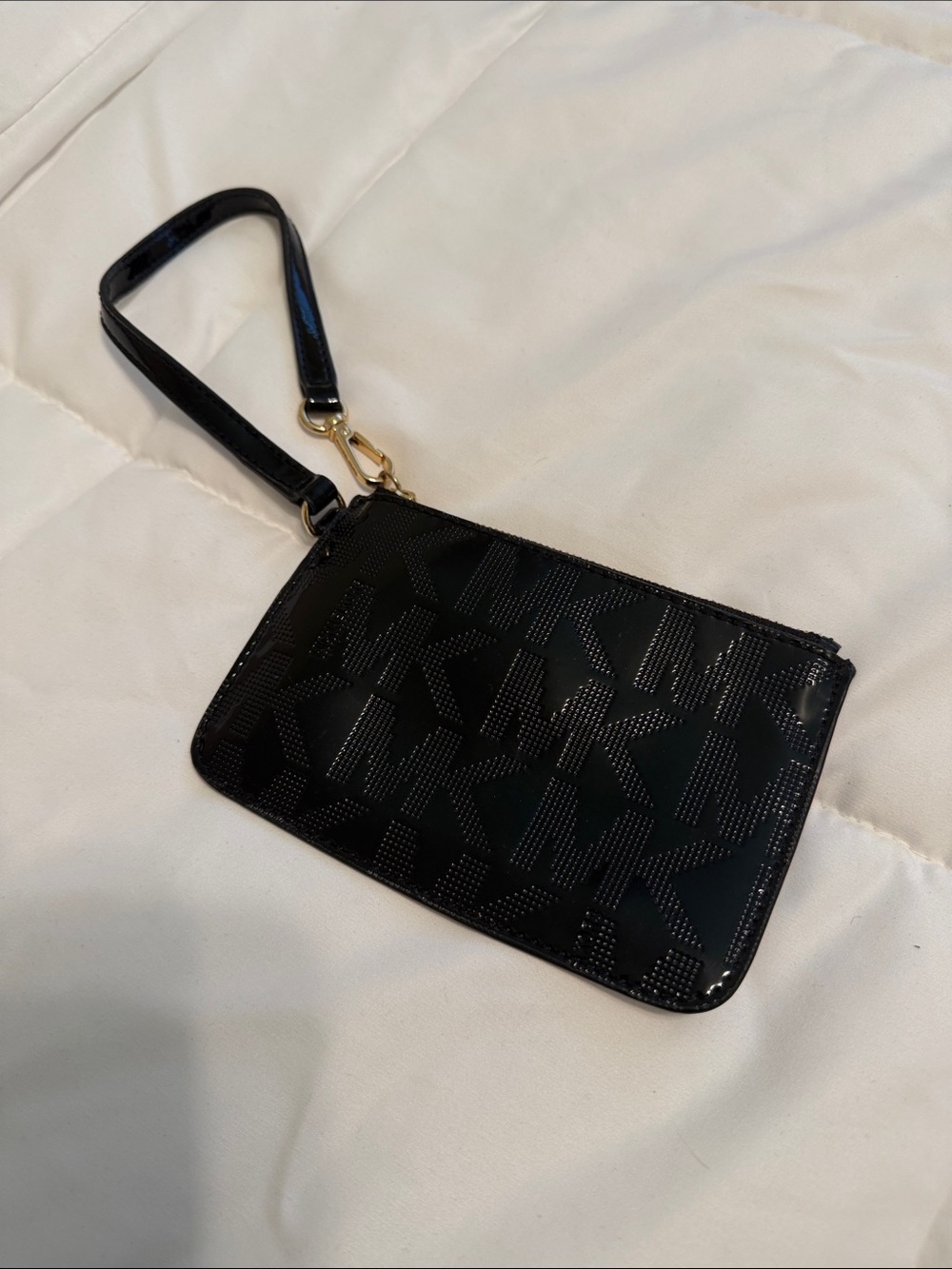 Michael Kors Black Patent Logo Wristlet with Gold Hardware